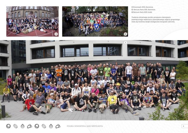 Page 4 of the album “Polish Demoscene as a Community” features group photos at demoparties.